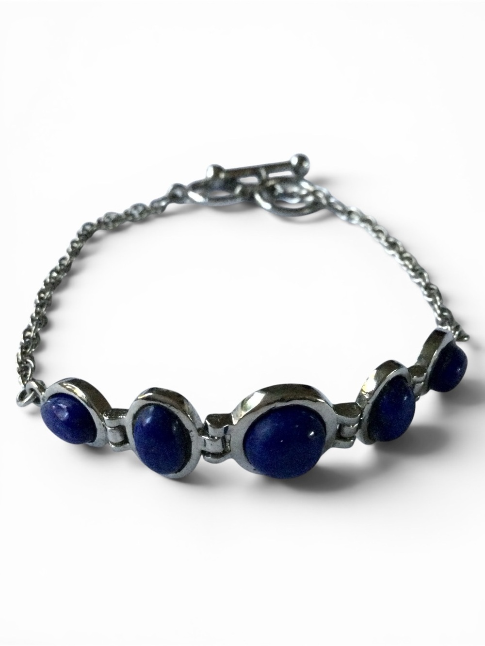 Silver-Tone Stainless Steel Link Bracelet - Blue Lapis-Style Cabochons - 7"-8" - Picture 4 of 12